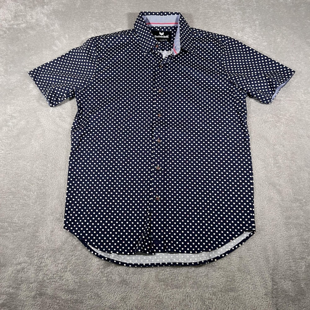 Buttercloth Shirt Mens‎ Medium Navy Polka Dot Short Sleeve Button Up Regular Fit